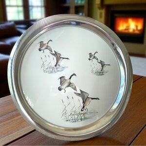 Vintage Revere pewter serving tray,porcelain insert,felt back,a few slight dings